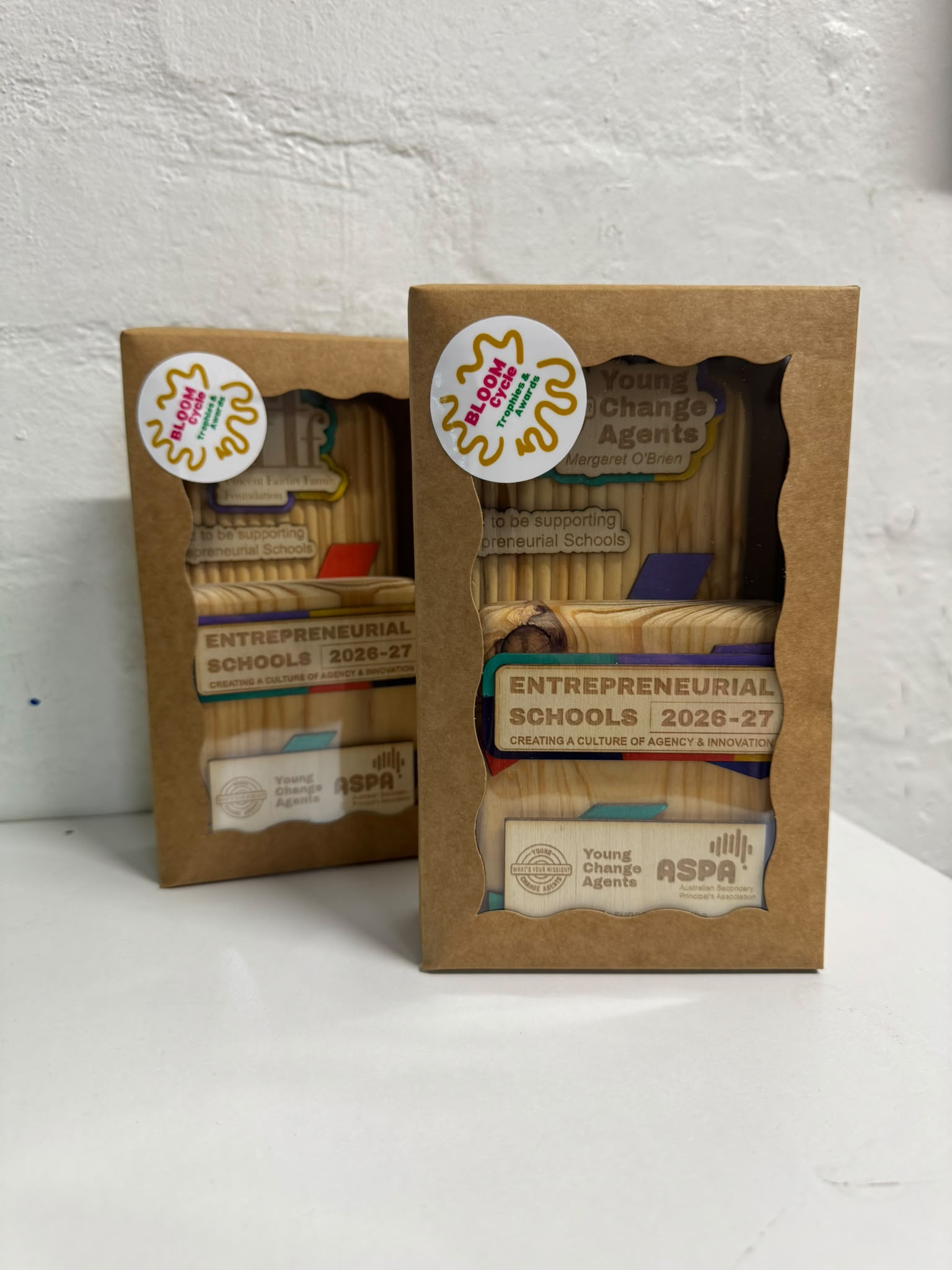 Finished awards boxed in recycled kraft packaging, ready to ship.