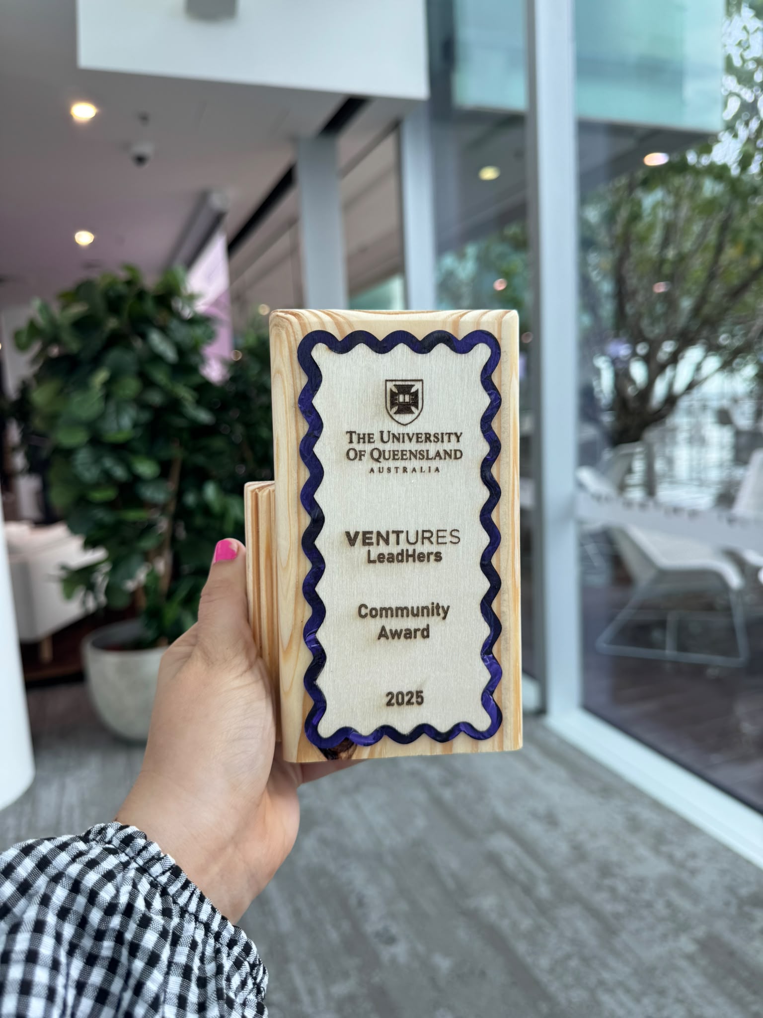 A single-material reclaimed-timber UQ Ventures LeadHers Community Award.